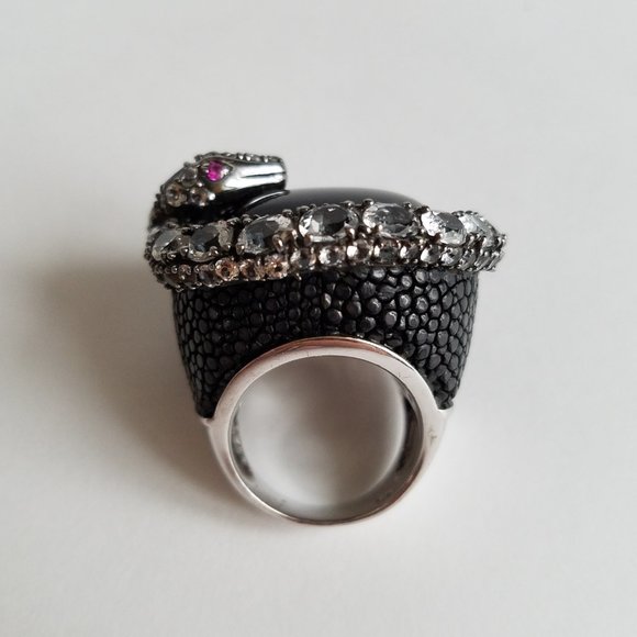 Women's Silver 925 Aquamarine Black Onyx Stingray Skin Snake Ring Size 8 - Picture 5 of 15